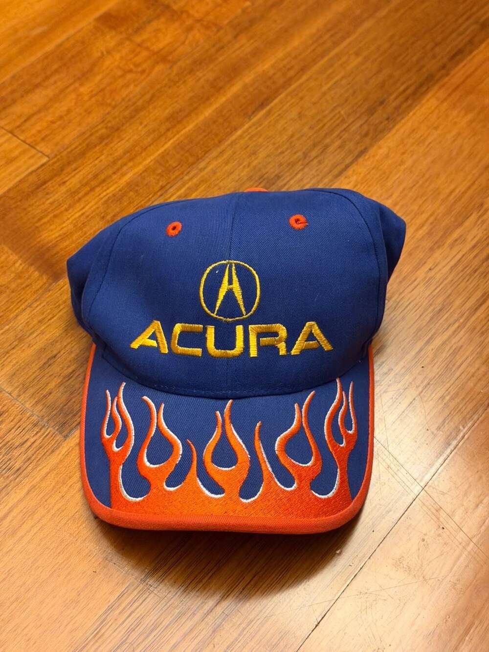 Vintage Acura Blue and Orange Embroidered Flames Baseball Cap Hat